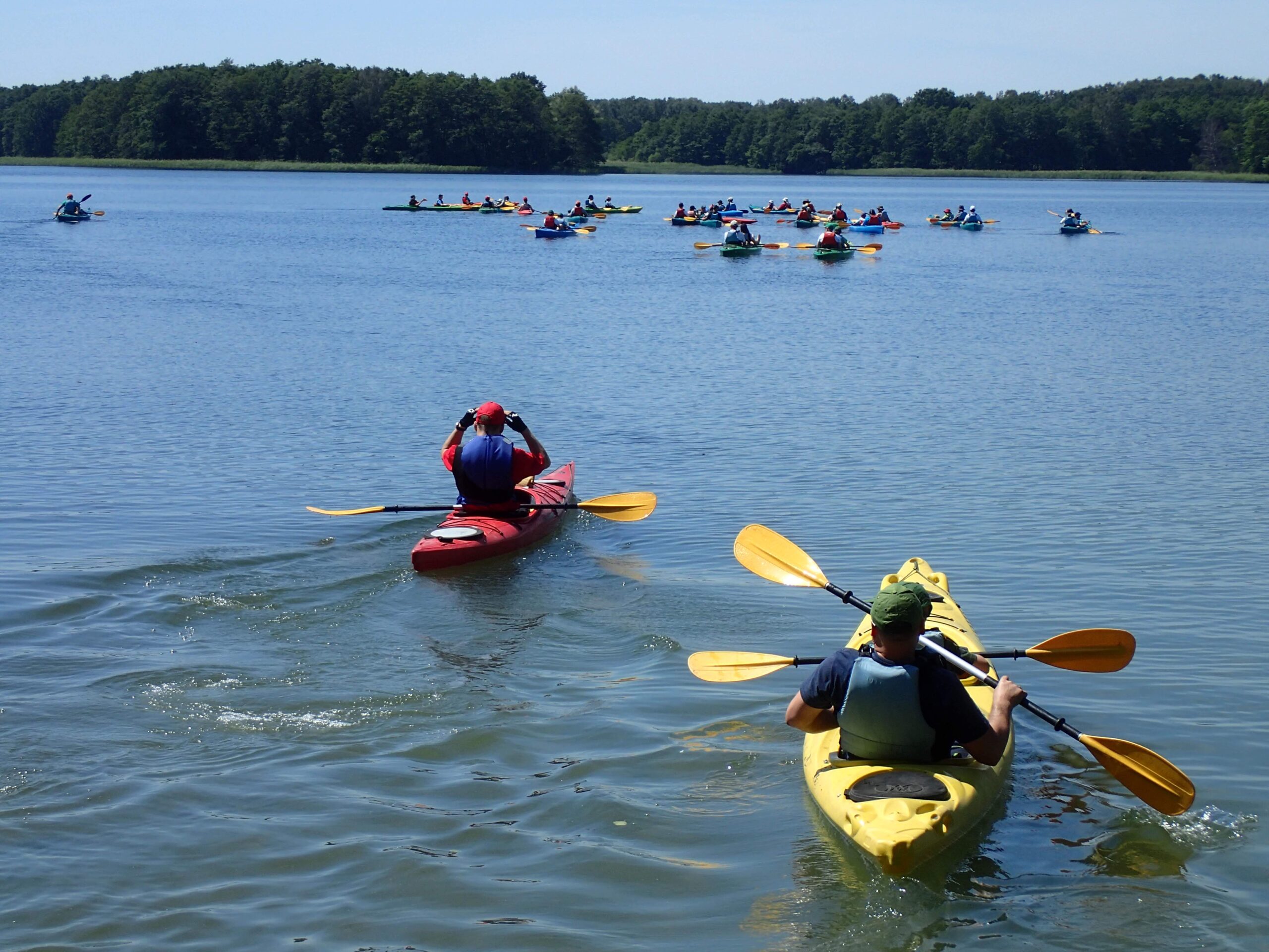 kajaki płyną po jeziorze
